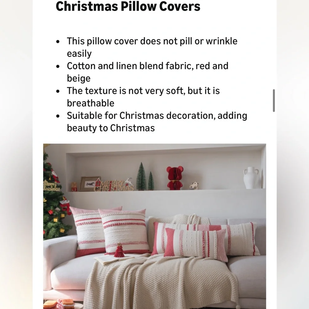 Red Christmas Pillow Covers Cotton SQUARE 18x18” (2-pack)
